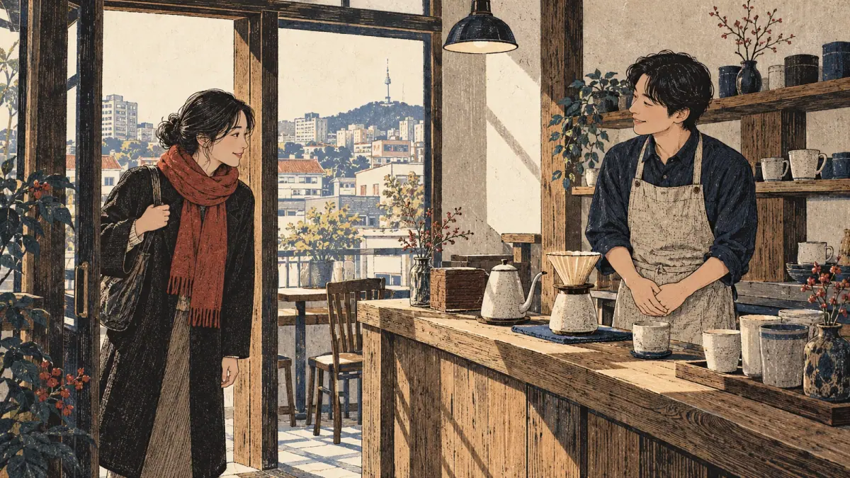 Un cliente y un barista intercambian saludos corteses en una cafetería de Seúl.