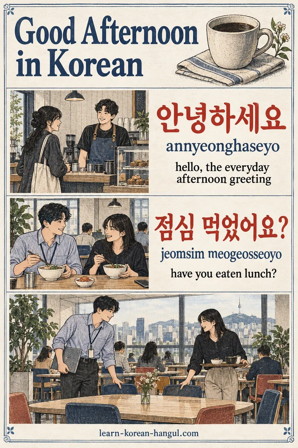 Greeting and lunch scenes compare 안녕하세요 (annyeonghaseyo) with 점심 먹었어요? (jeomsim meogeosseoyo).
