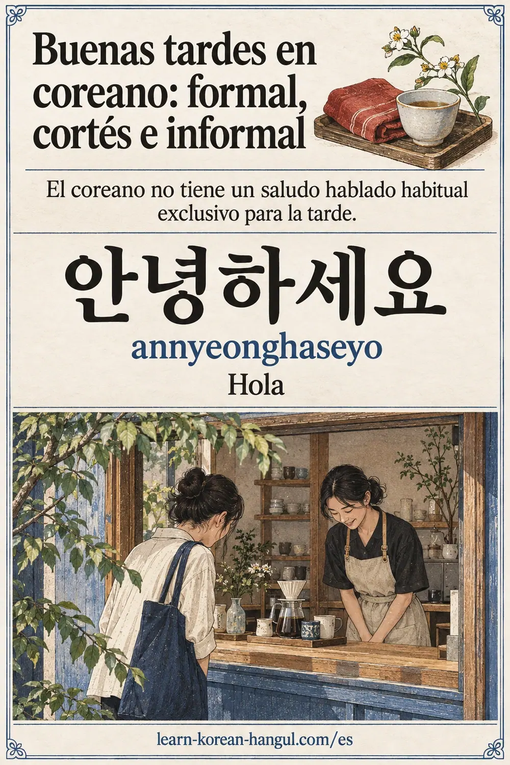 안녕하세요 (annyeonghaseyo), Hola, con un saludo en una cafetería y un dato sobre los saludos de tarde.