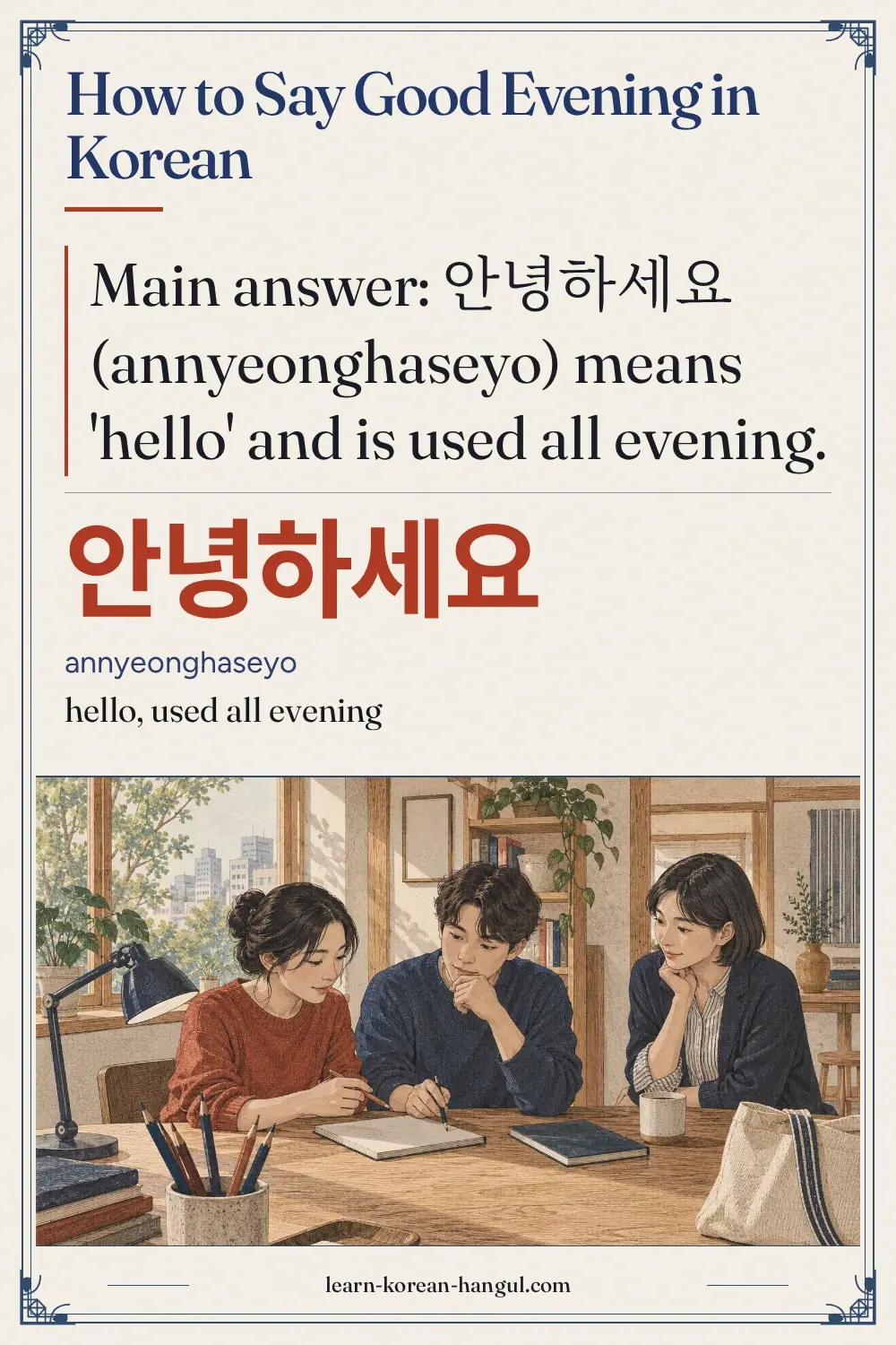안녕하세요 · annyeonghaseyo · hello, used all evening · How to Say Good Evening in Korean