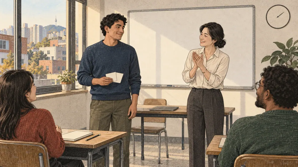 A Korean teacher warmly praises an adult learner after a classroom presentation in Seoul.