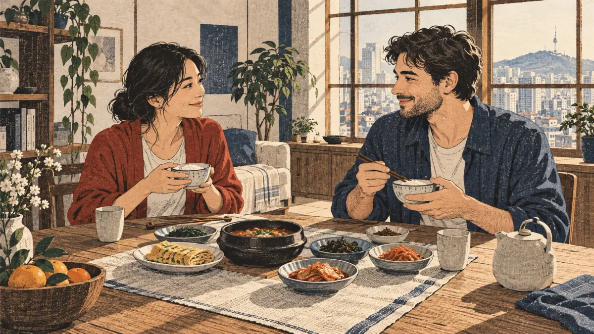 Un anfitrión y un invitado se saludan ante una mesa de desayuno coreano.