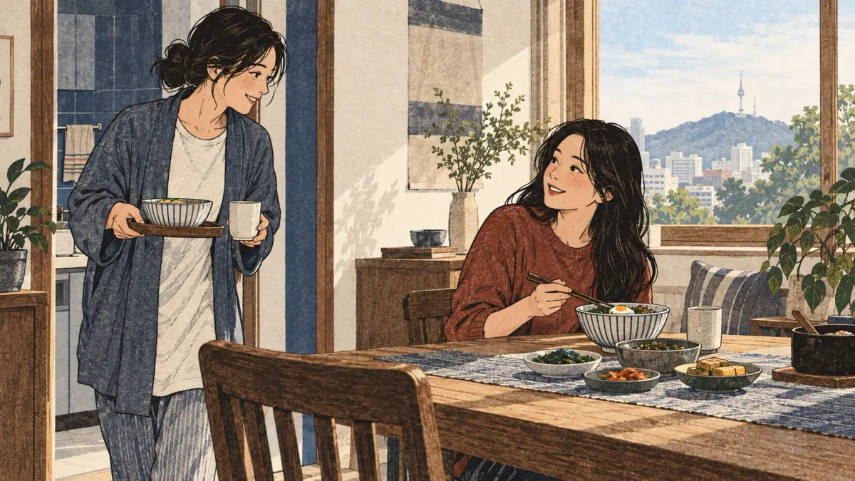 Dos personas que comparten casa se saludan al llegar a la mesa de desayuno.
