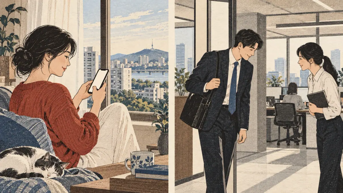 Un mensaje matutino en casa y un saludo en la oficina muestran contextos distintos.
