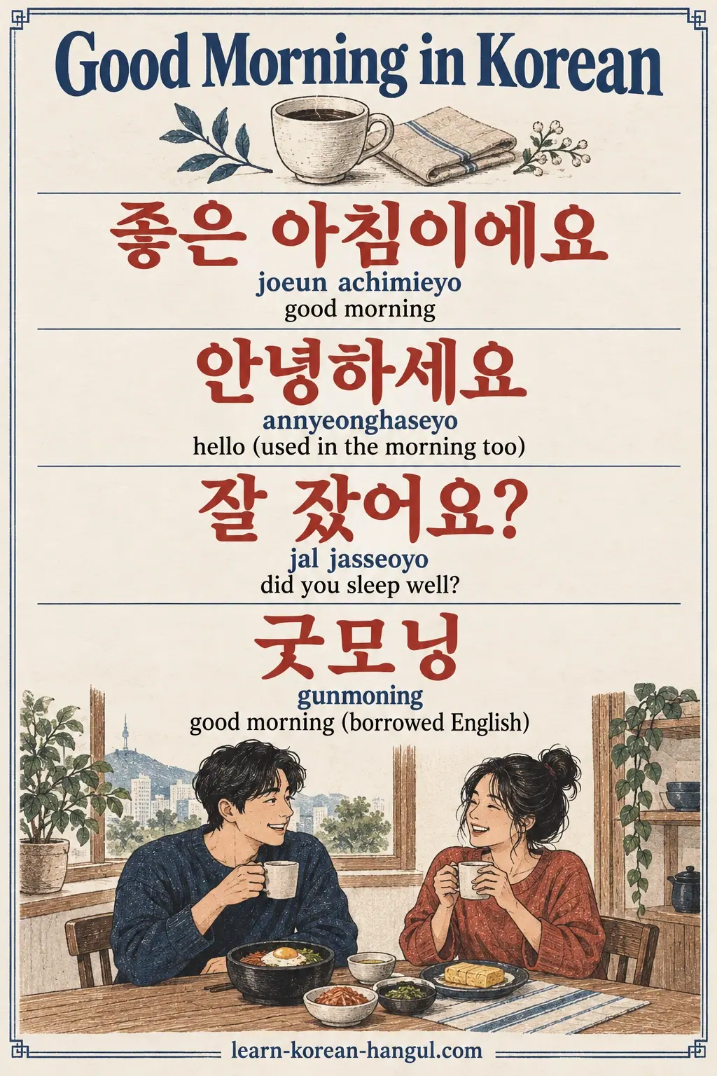 Morning phrases: 좋은 아침이에요 (joeun achimieyo), 안녕하세요 (annyeonghaseyo), 잘 잤어요? (jal jasseoyo), 굿모닝 (gunmoning).