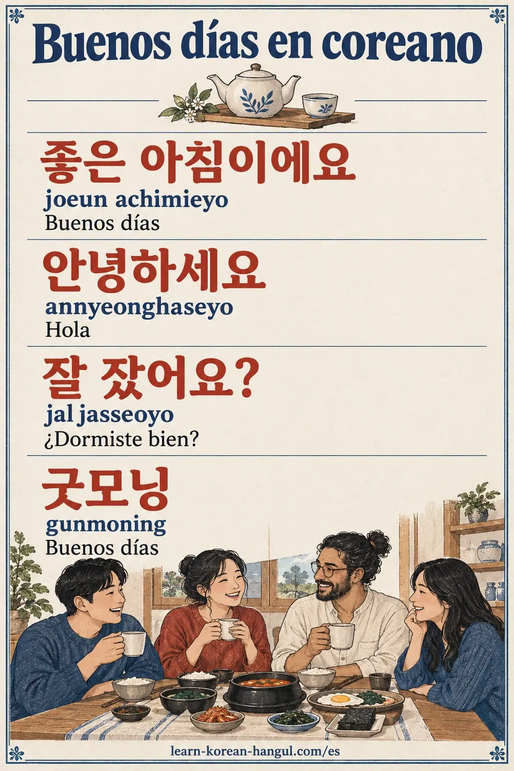 Saludos: 좋은 아침이에요 (joeun achimieyo), 안녕하세요 (annyeonghaseyo), 잘 잤어요? (jal jasseoyo), 굿모닝 (gunmoning).