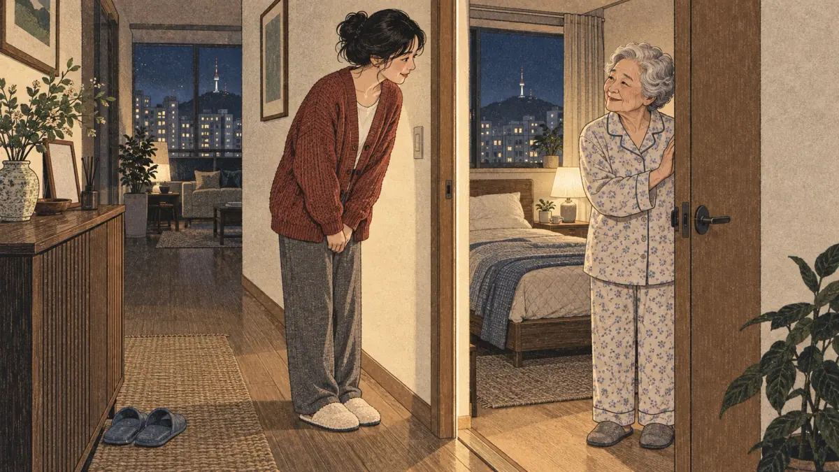 A young adult respectfully wishes a grandmother good night at her bedroom door in a Seoul apartment.