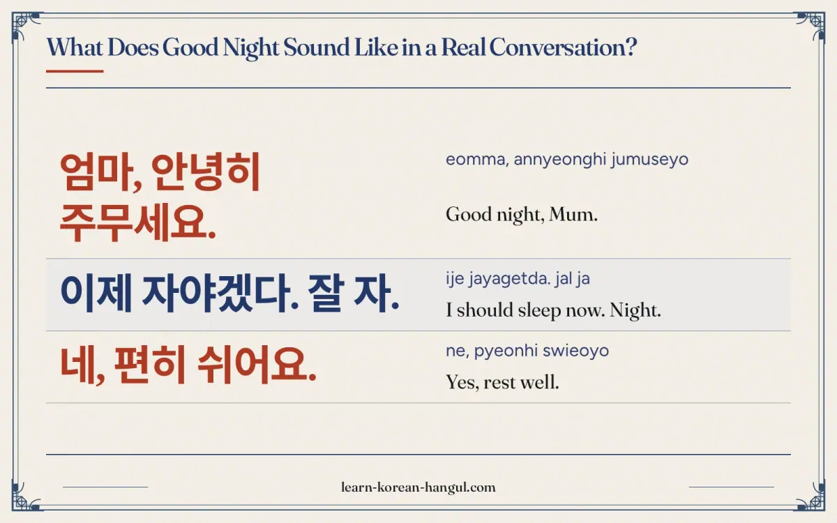 엄마, 안녕히 주무세요. · eomma, annyeonghi jumuseyo · Good night, Mum. · What does good night sound like in a real conversation?