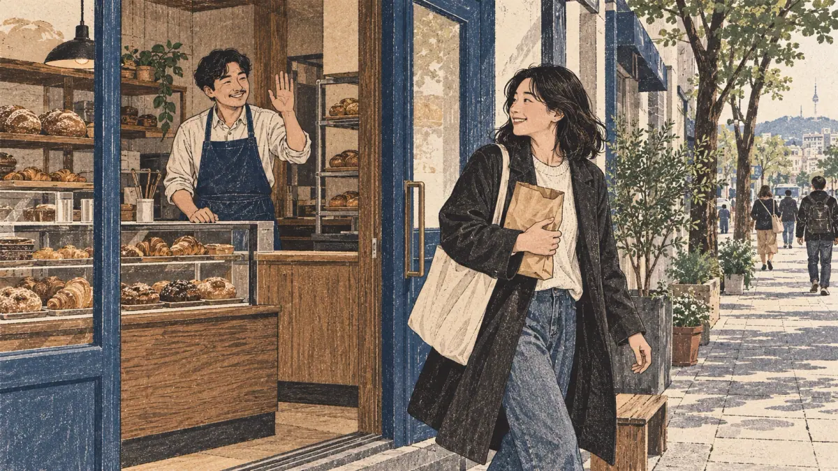 Bakery staff stay behind the counter and wave to a customer leaving through the door.
