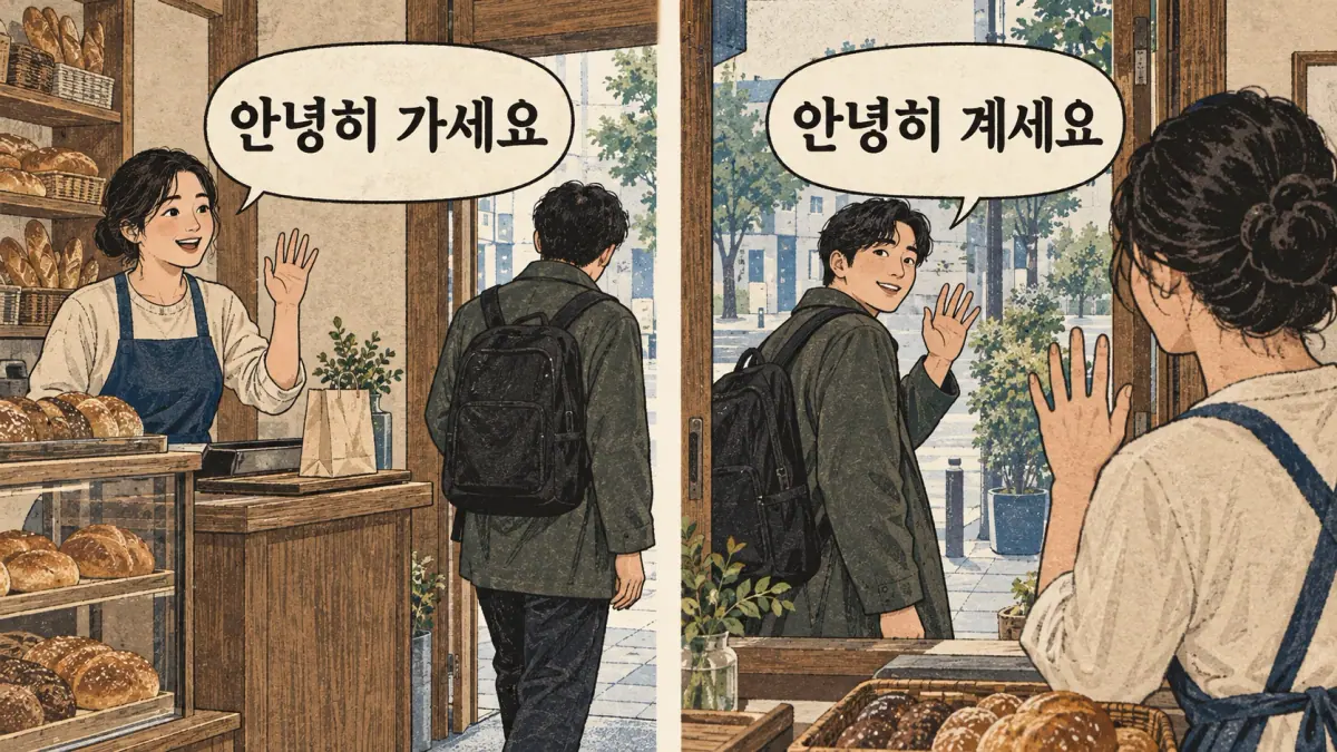 Bakery departure: staying staff say 안녕히 가세요; leaving customer says 안녕히 계세요.