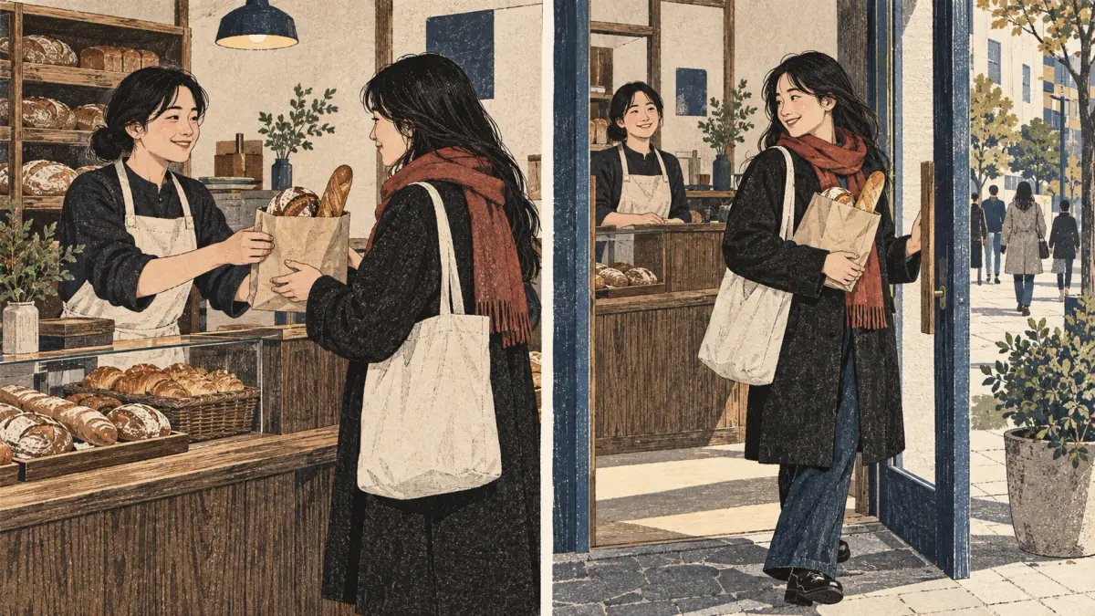Two bakery panels show staff staying and a departing customer looking back to exchange goodbyes.