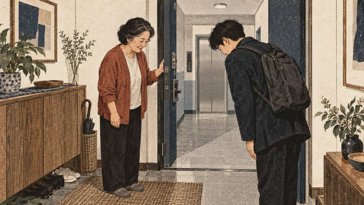 A younger guest bows to an older host at an apartment doorway.