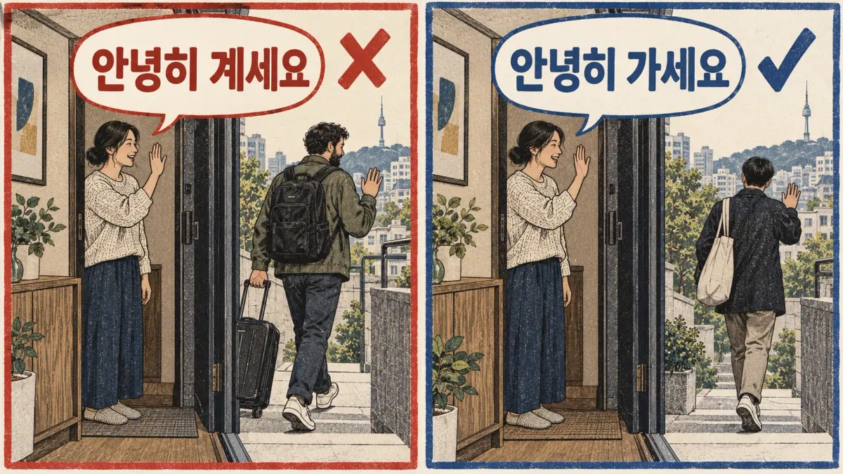 A staying host addresses a departing guest: wrong 안녕히 계세요 versus correct 안녕히 가세요.