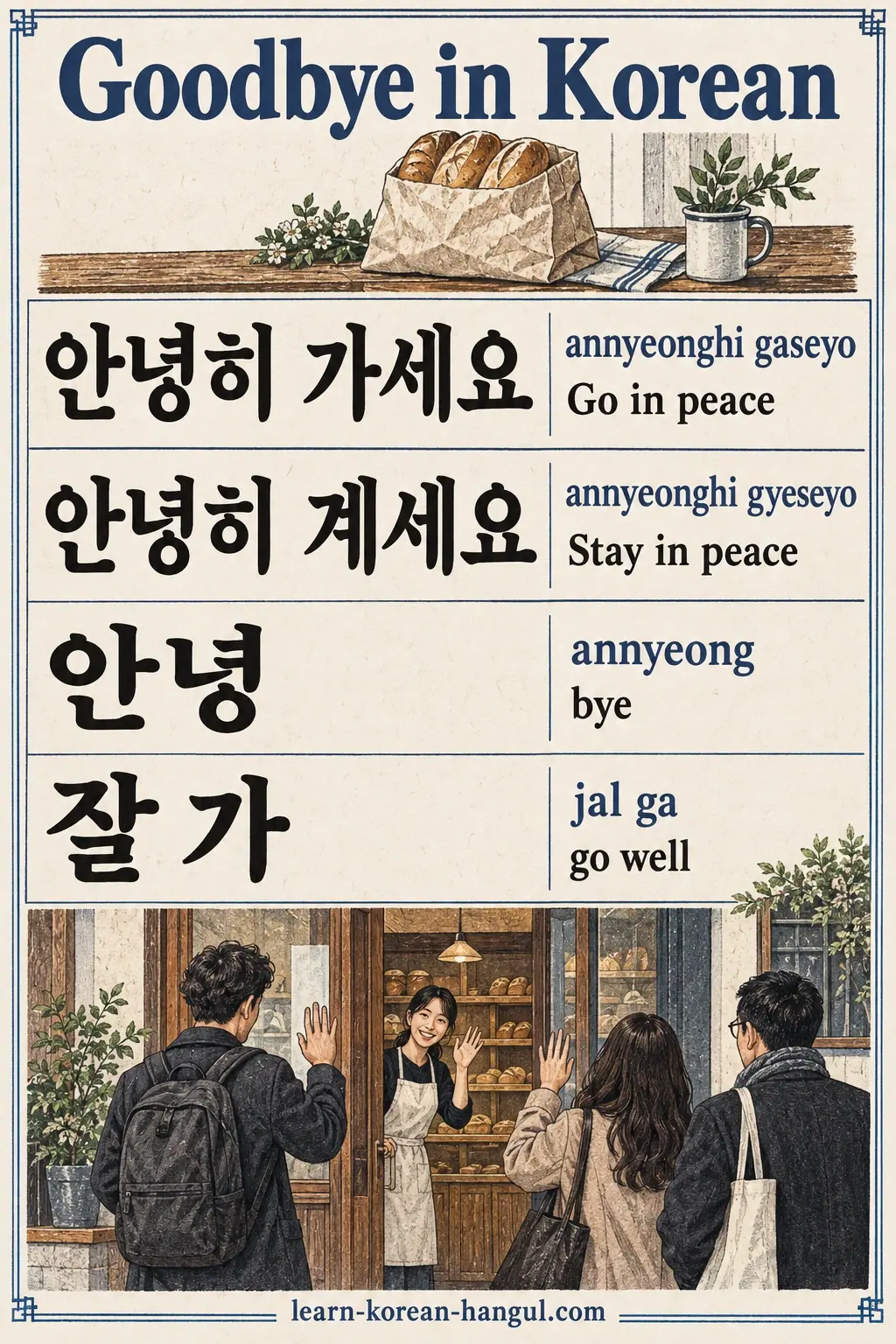 Goodbyes: 안녕히 가세요 (annyeonghi gaseyo), 안녕히 계세요 (annyeonghi gyeseyo), 안녕 (annyeong), 잘 가 (jal ga).