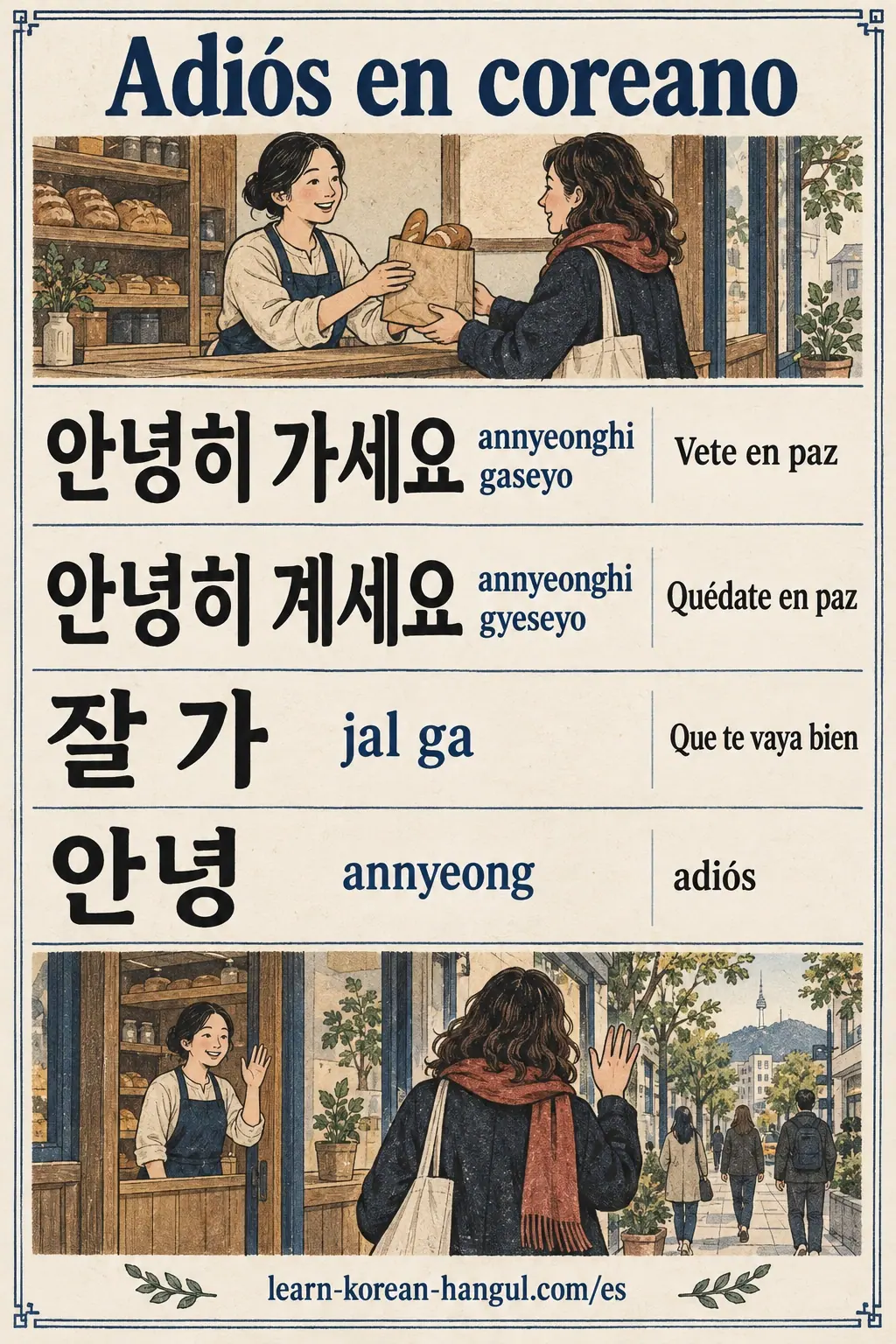 Despedidas: 안녕히 가세요 (annyeonghi gaseyo), 안녕히 계세요 (annyeonghi gyeseyo), 잘 가 (jal ga), 안녕 (annyeong).