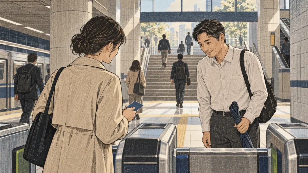 Two adults greet with small nods beside Seoul subway ticket gates.