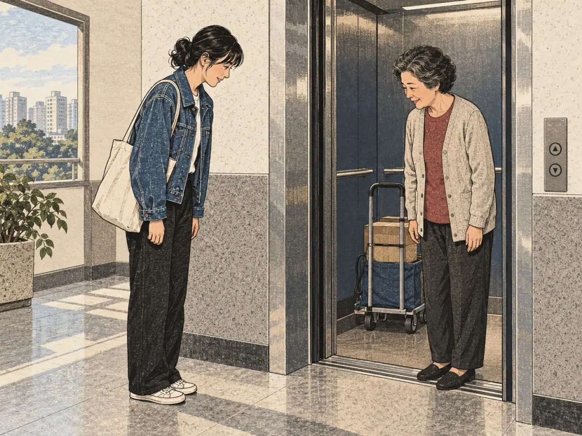 Show the polite meeting situation with restrained mutual nods, an older neighbour and a younger adult learner.