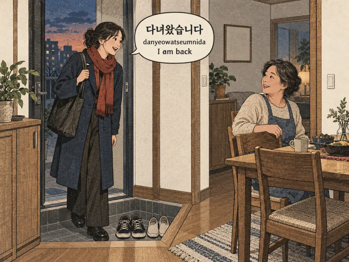Labelled teaching scene: 다녀왔습니다 (danyeowatseumnida).