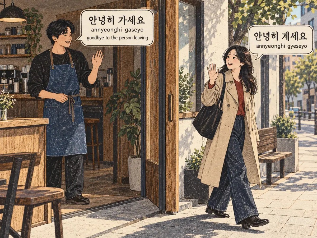 Labelled teaching scene: 안녕히 가세요 (annyeonghi gaseyo); 안녕히 계세요 (annyeonghi gyeseyo).