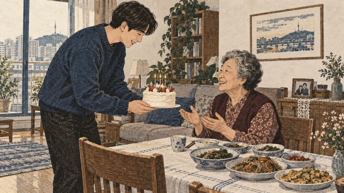 Una nieta adulta ofrece con respeto una tarta de cumpleaños a su abuela en un apartamento coreano.