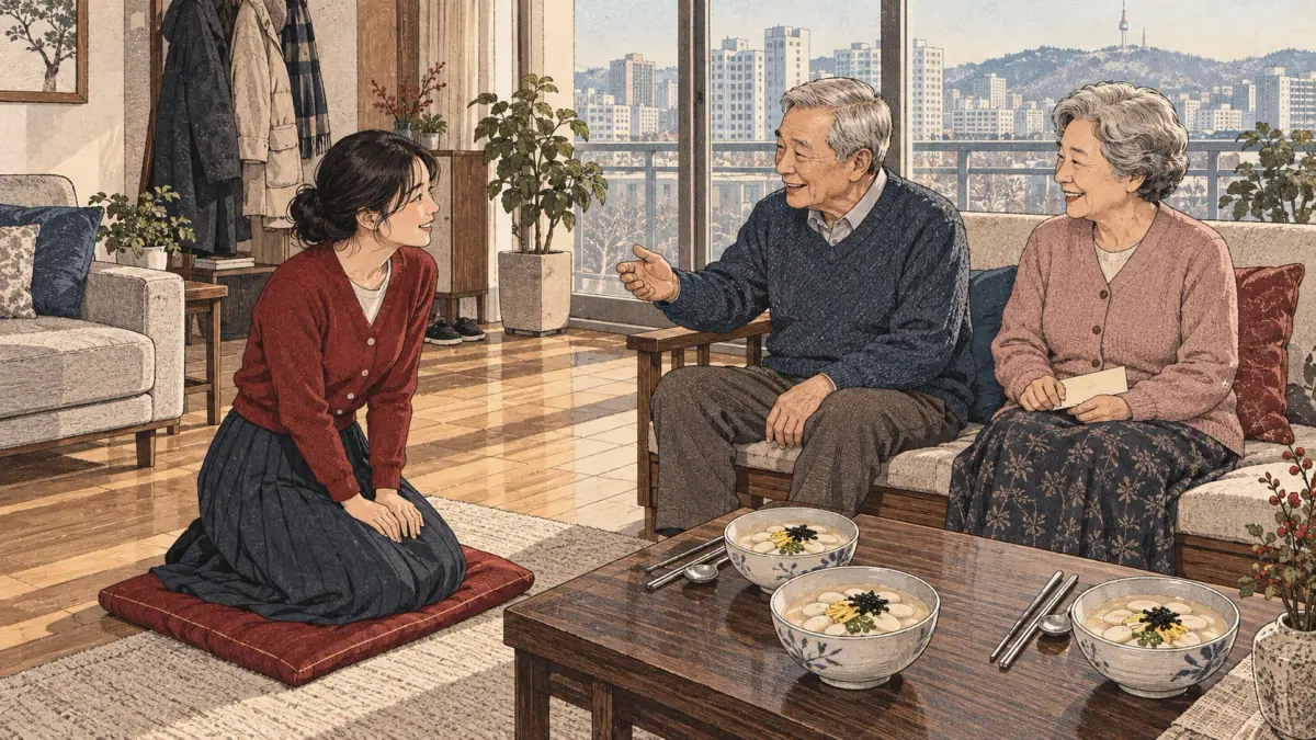 A young adult bows to her grandfather during a Seollal family gathering in a modern Korean home.