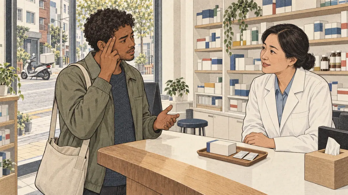 An adult learner describes a headache to a pharmacist at a neighborhood pharmacy in Seoul.