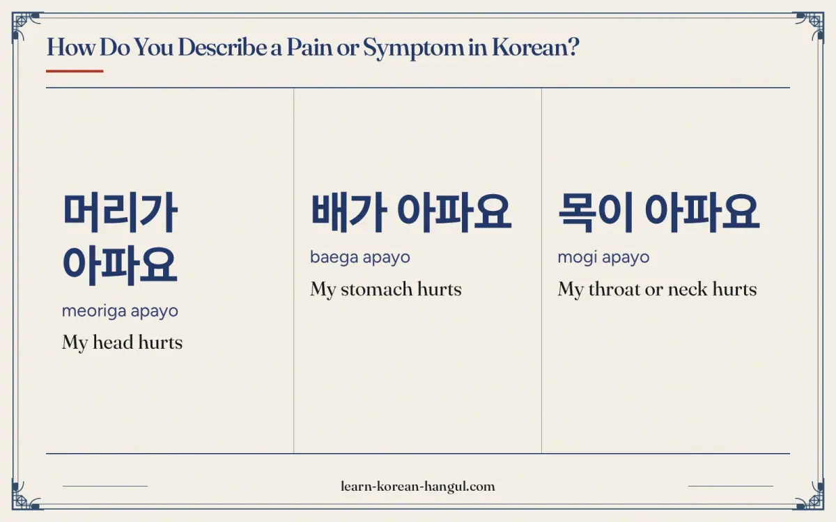 머리가 아파요 · meoriga apayo · My head hurts · How do you describe a pain or symptom in Korean?