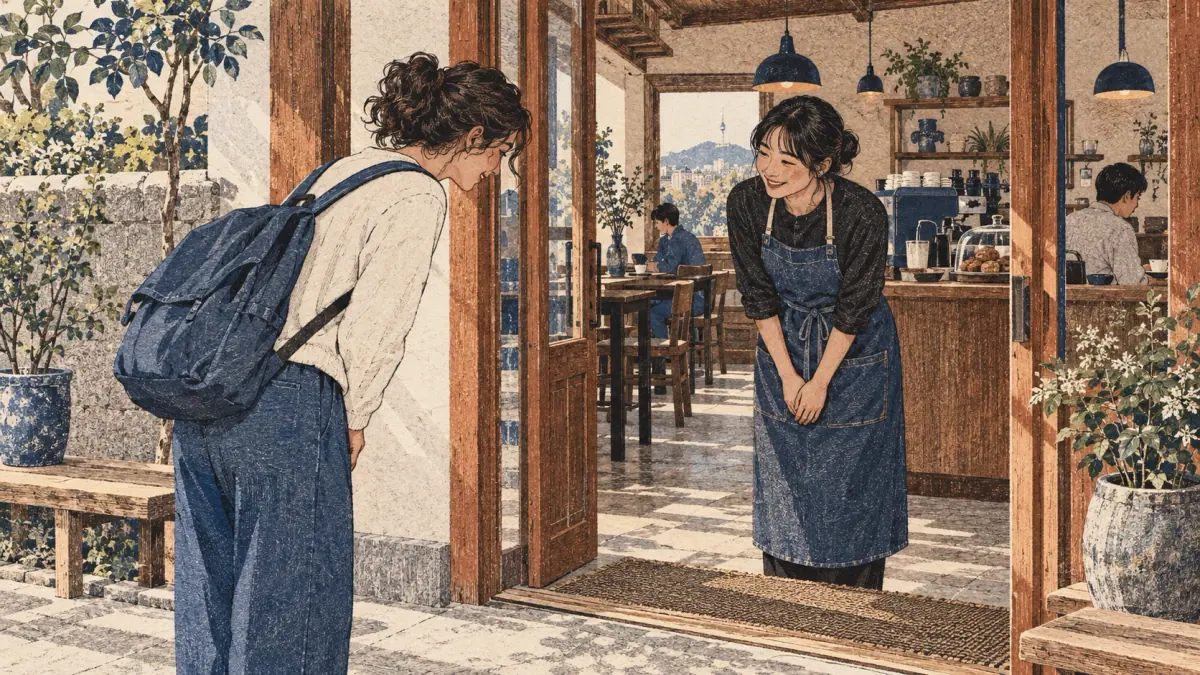 An adult learner greets Korean café staff with a small respectful bow at the entrance.