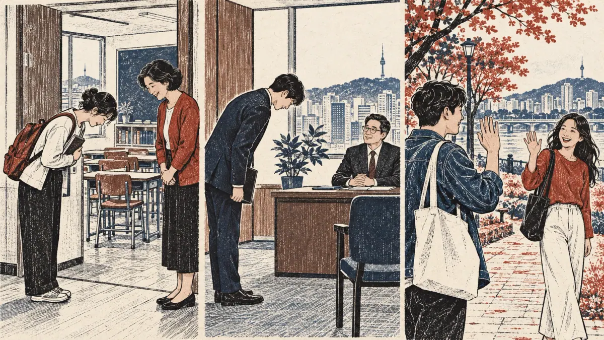 Three separate natural scenes comparing greetings by relationship: adult learner politely bowing to older teacher in classroom doorway; suited adult i