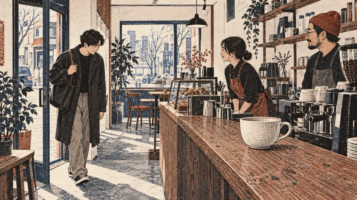 An adult enters small Seoul café and greets staff with a small nod before ordering