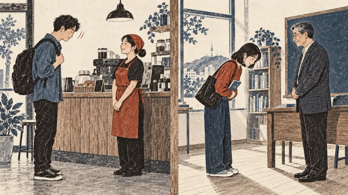 Paired comparison of two respectful everyday greetings: adult learner small nod to café worker; adult student modest waist bow to older teacher, clear