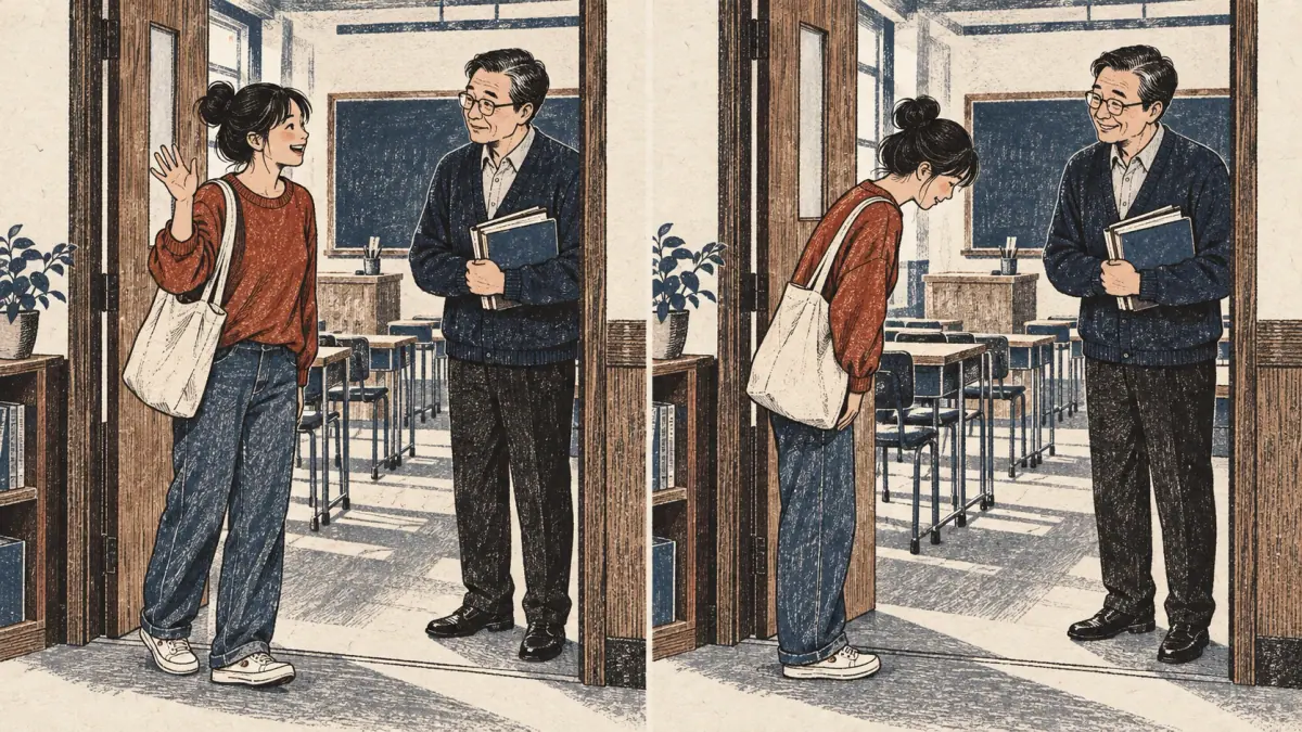 Situation comparison teaching inappropriate familiarity and respectful choice: two adjacent classroom doorway scenes with same adult student and older