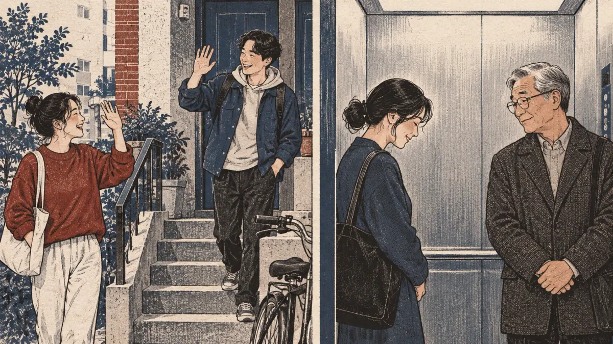 Two-panel situation comparison: close adult friends greet with casual wave on apartment stoop; adult learner greets unfamiliar older neighbour in lift