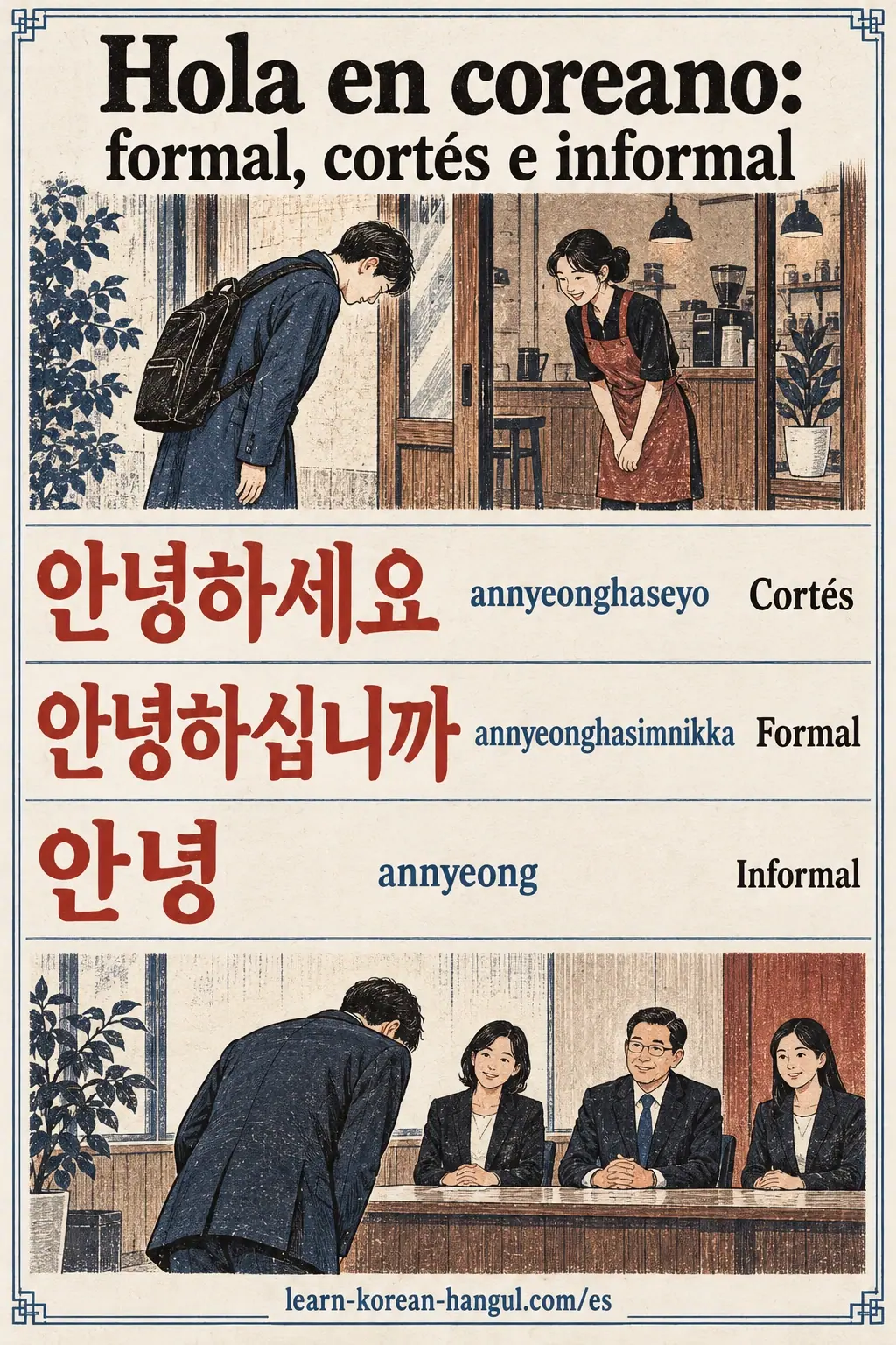 Saludos coreanos: 안녕하세요 (annyeonghaseyo), con escenas cotidianas ilustradas.