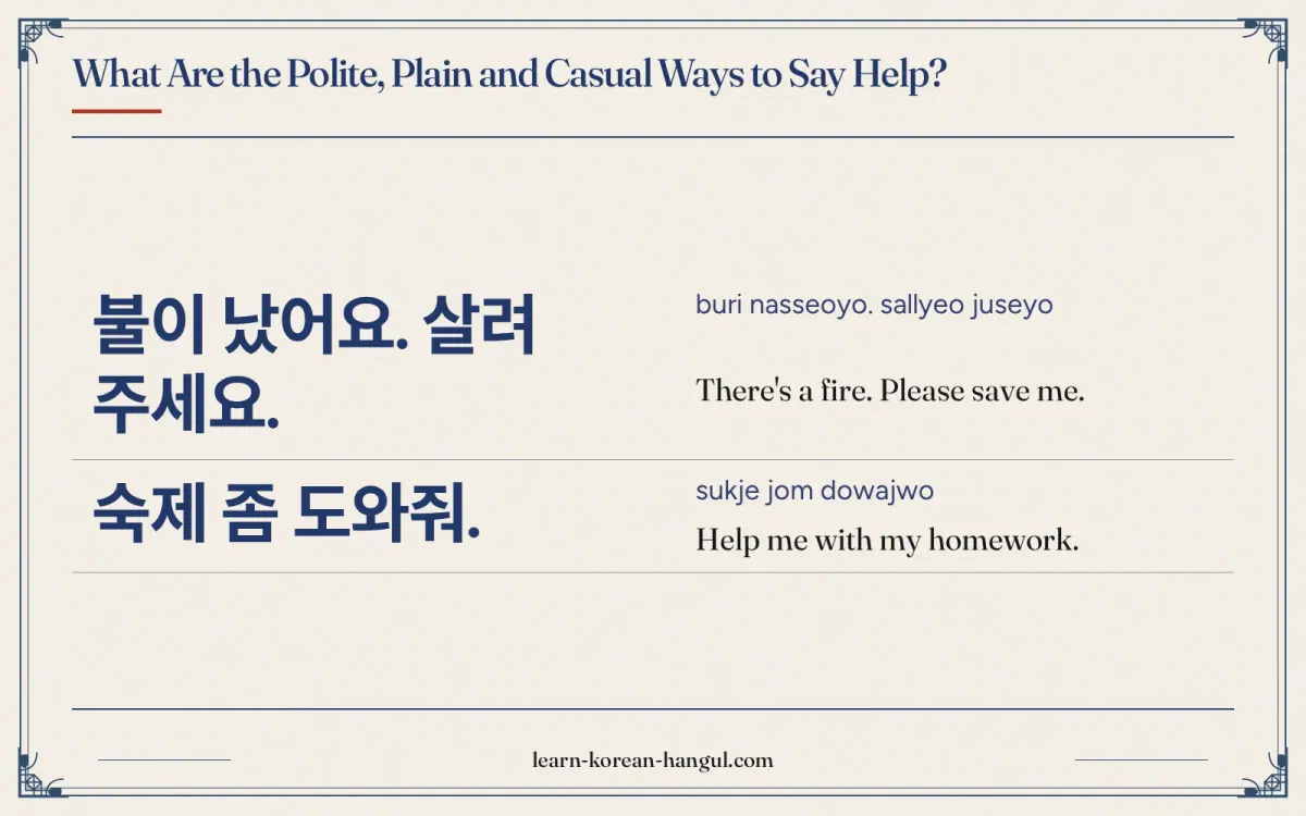 불이 났어요. 살려 주세요. · buri nasseoyo. sallyeo juseyo · There's a fire. Please save me. · What are the polite, plain and casual ways to say help?