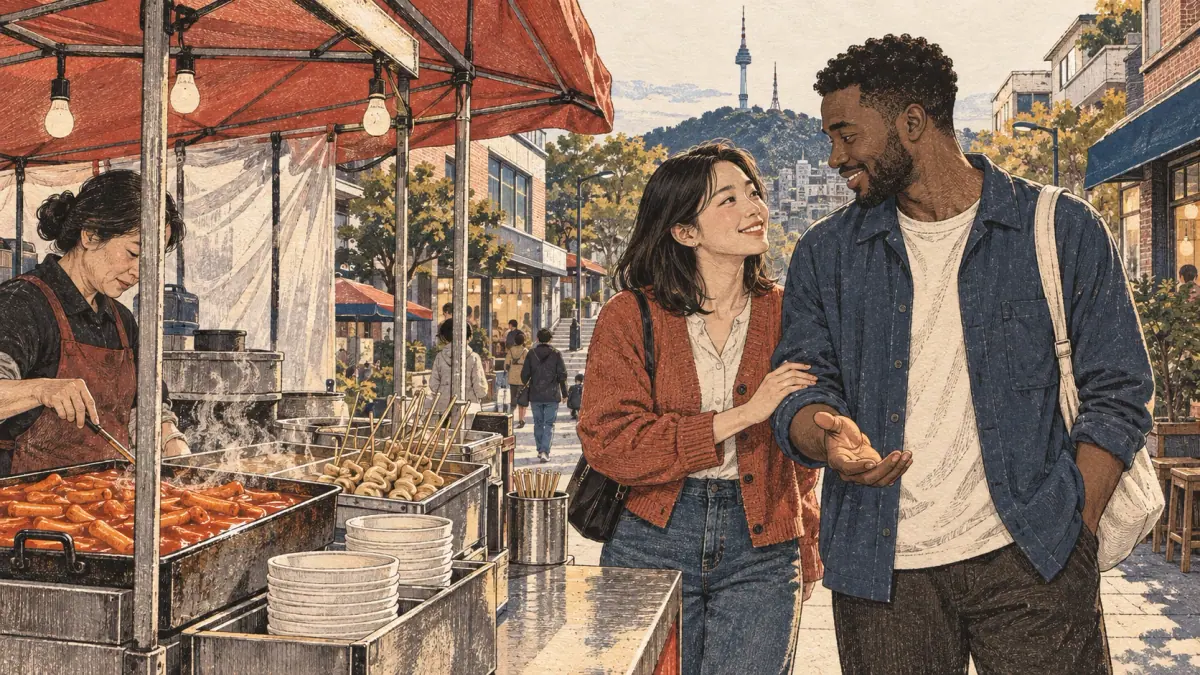A couple choosing dinner together at a Seoul street food stall, a relaxed setting for 자기야 (jagiya).