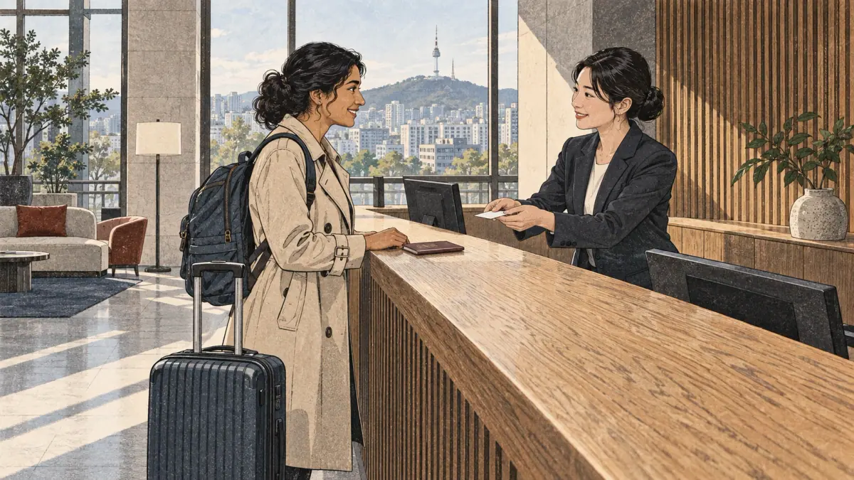 Una viajera habla con la recepcionista de un hotel coreano y recibe la tarjeta de su habitación.