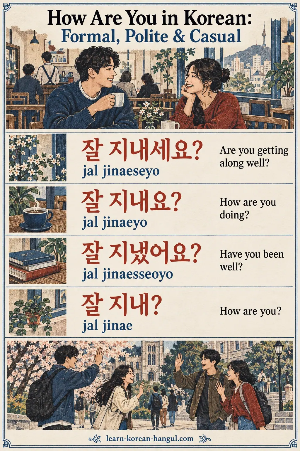 Phrase rows: 잘 지내세요? (jal jinaeseyo), 잘 지내요? (jal jinaeyo), 잘 지냈어요? (jal jinaesseoyo), 잘 지내? (jal jinae).