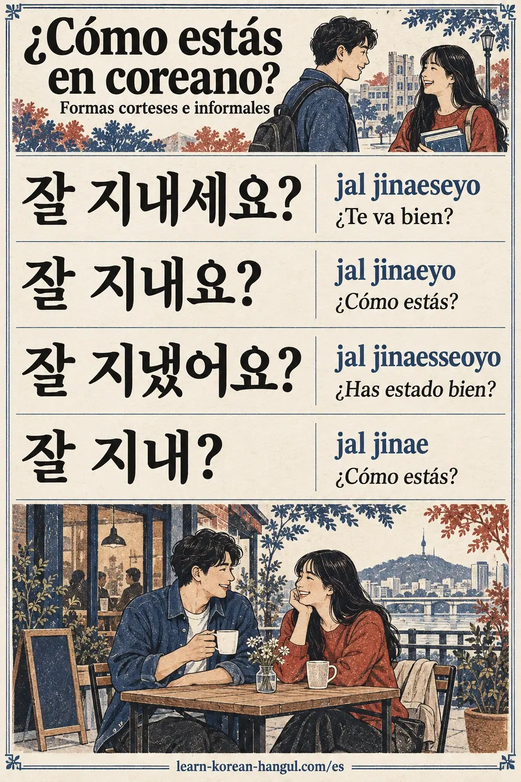 Filas de frases: 잘 지내세요? (jal jinaeseyo), 잘 지내요? (jal jinaeyo), 잘 지냈어요? (jal jinaesseoyo), 잘 지내? (jal jinae).