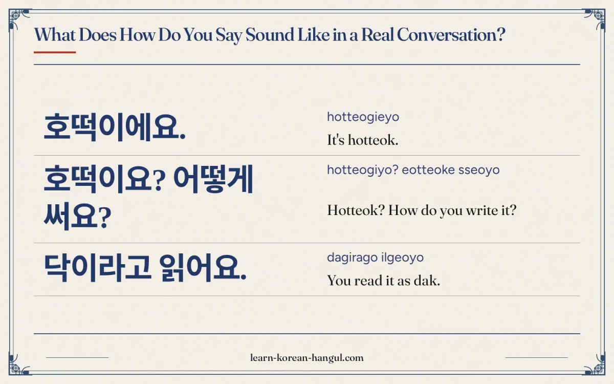 호떡이에요. · hotteogieyo · It's hotteok. · What does how do you say sound like in a real conversation?