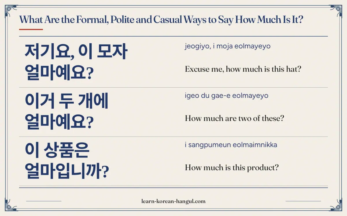 저기요, 이 모자 얼마예요? · jeogiyo, i moja eolmayeyo · Excuse me, how much is this hat? · What are the formal, polite and casual ways to say how much is it?