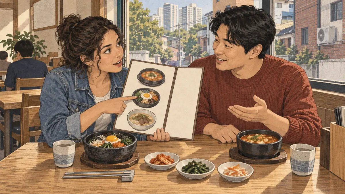 An adult Korean learner points to a picture menu while a local explains how to say the dish name.