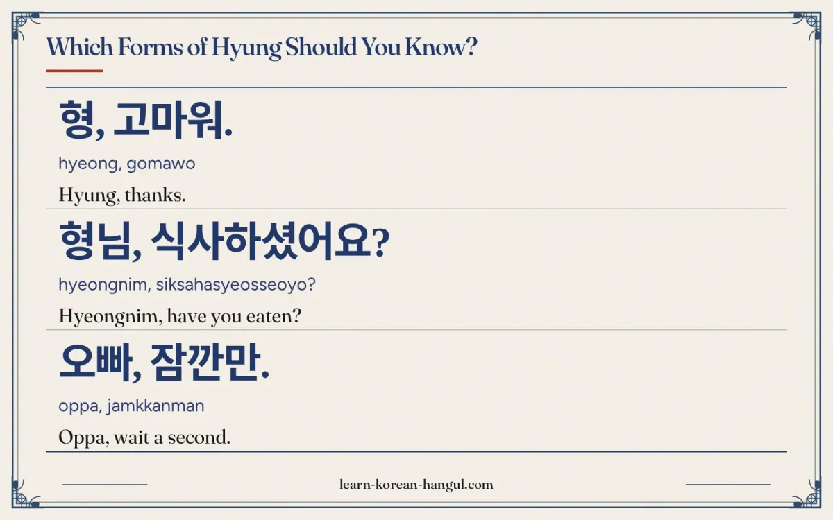 형, 고마워. · hyeong, gomawo · Hyung, thanks. · Which forms of hyung should you know?
