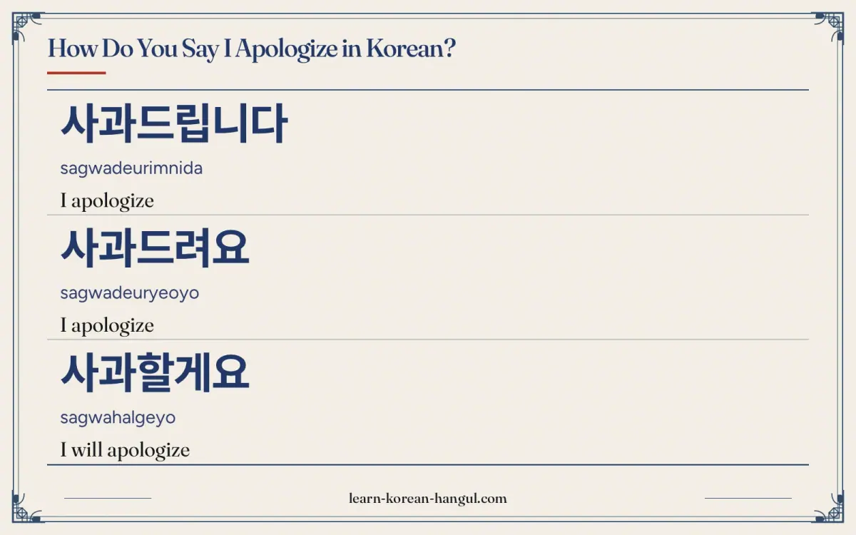 사과드립니다 · sagwadeurimnida · I apologize · How do you say I apologize in Korean?