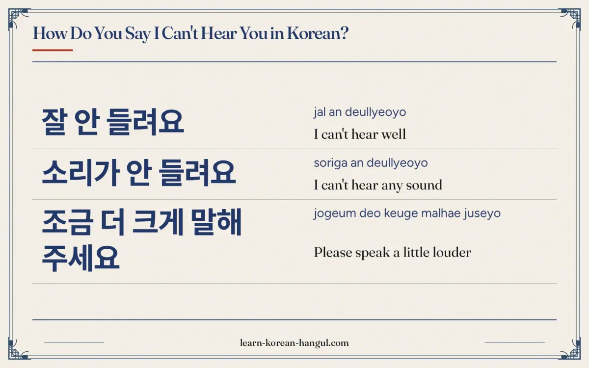 잘 안 들려요 · jal an deullyeoyo · I can't hear well · How do you say I can't hear you in Korean?