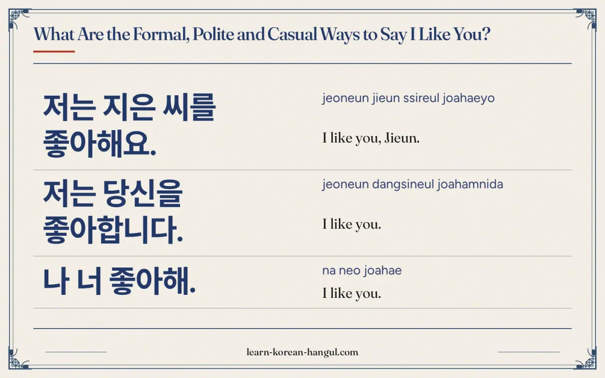 저는 지은 씨를 좋아해요. · jeoneun jieun ssireul joahaeyo · I like you, Jieun. · What are the formal, polite and casual ways to say i like you?