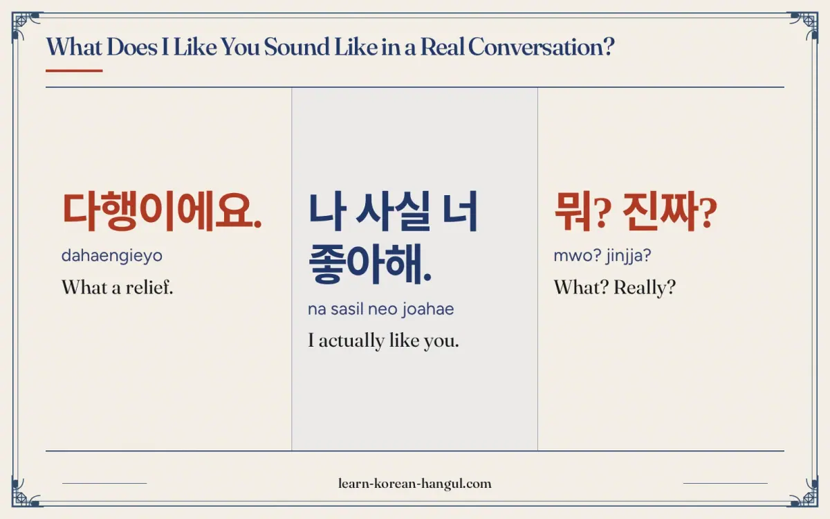 다행이에요. · dahaengieyo · What a relief. · What does i like you sound like in a real conversation?