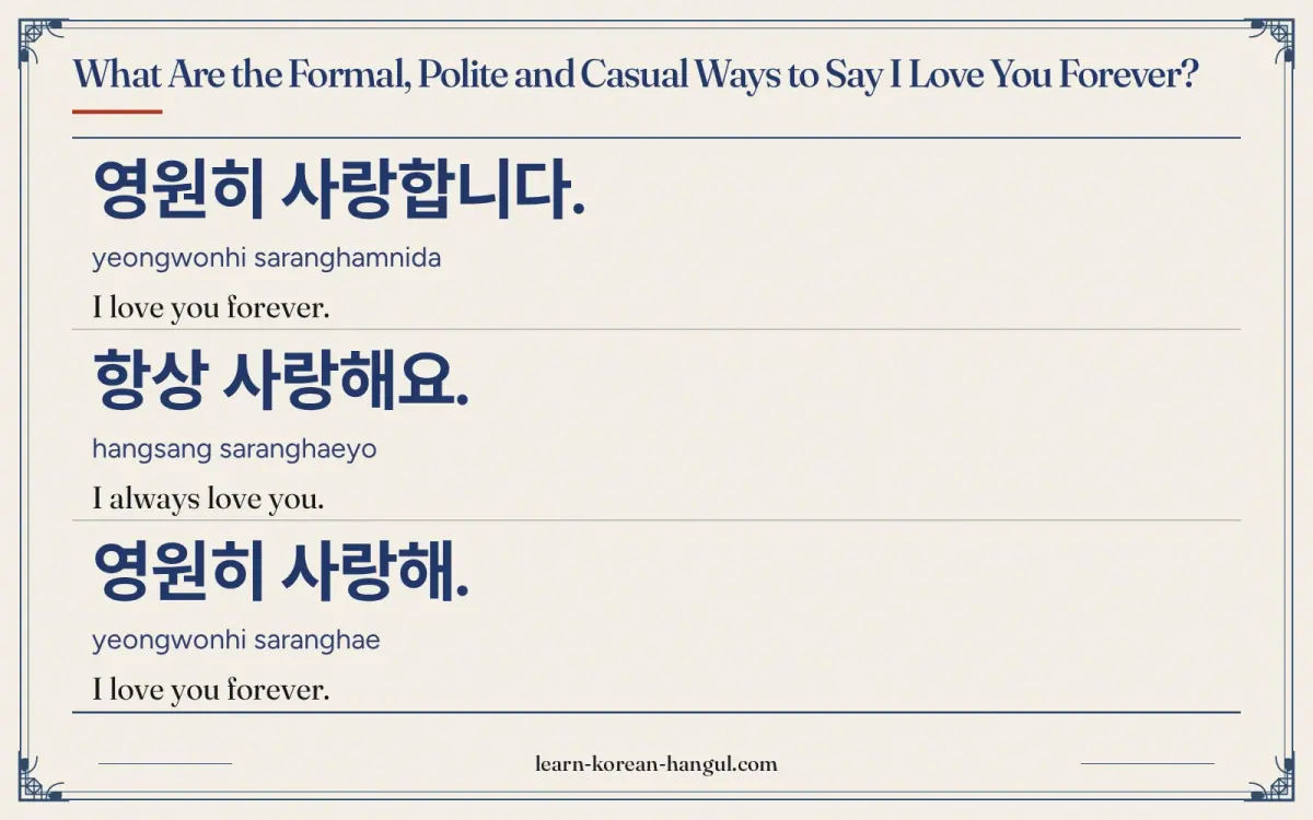 영원히 사랑합니다. · yeongwonhi saranghamnida · I love you forever. · What are the formal, polite and casual ways to say i love you forever?