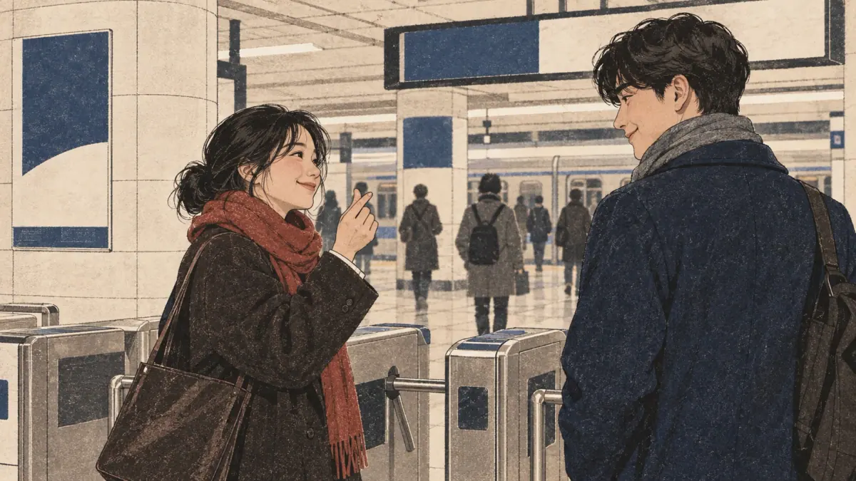 A couple says goodbye at a Seoul subway gate.