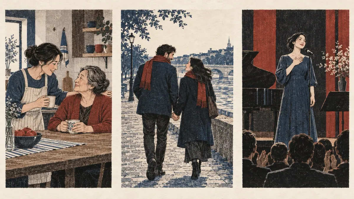 Family affection, an intimate couple and a public singer show three speech-level contexts.